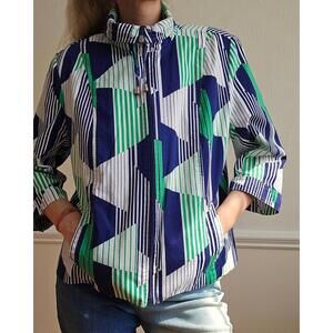 Vintage Abstract Print Cotton Spring Jacket: Green Blue White